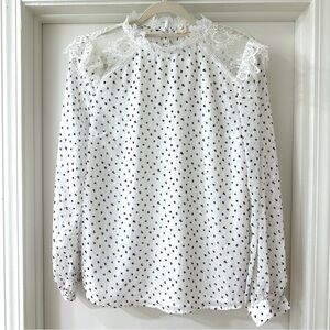 Promesa White Lace Victorian Style Blouse w/ Black & Red Polka Dots, Size Medium